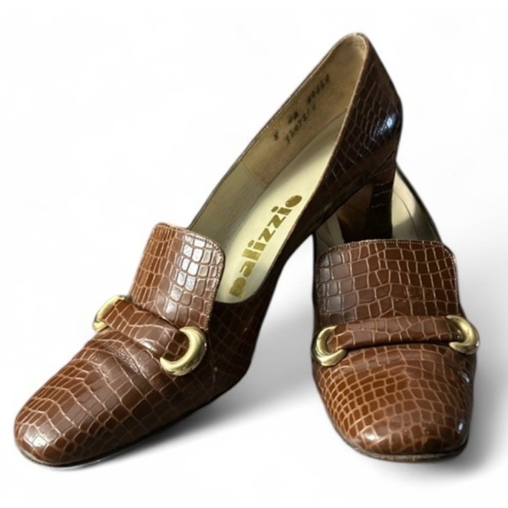 Vintage Palizzio Alligator Grain Calfskin Loafer Pumps Brown Gold Bit 8AA USA